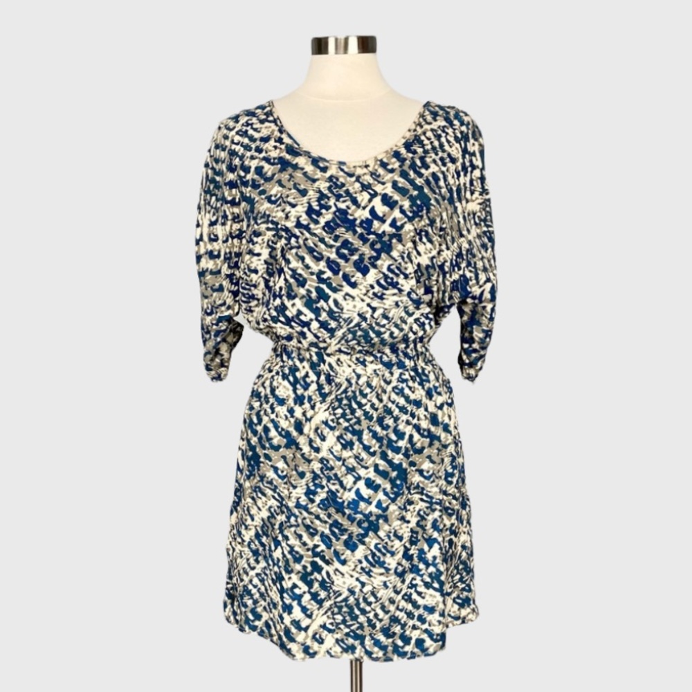 Nell Womens Silk Dress Blue Gray Print Elastic Waist Raglan Sleeves size 10